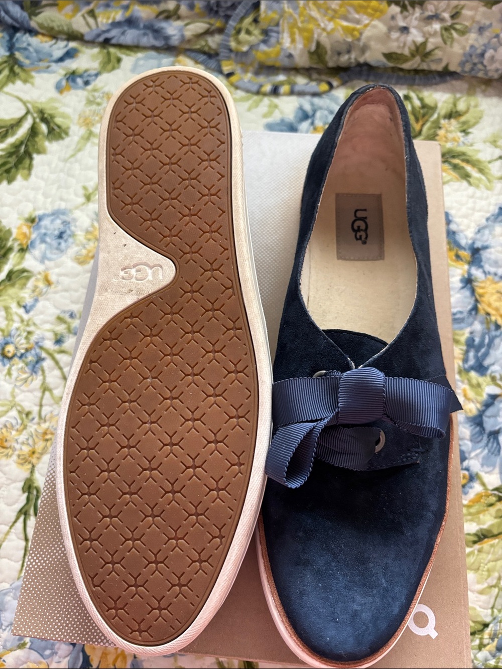 UGG Women's Navy Suede Bow Flats - Picture 2 of 3